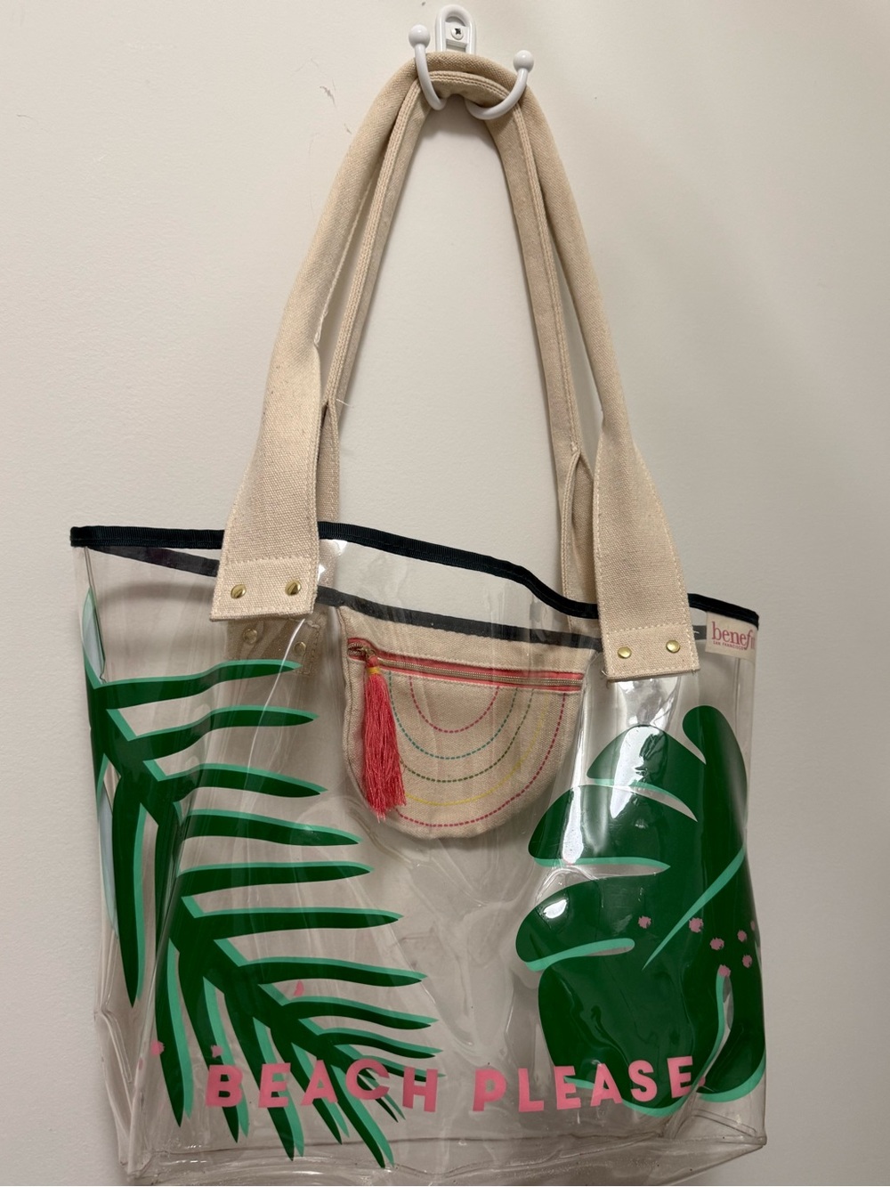 Benefit Clear Tote with Green Leaf Print and Pink Text
